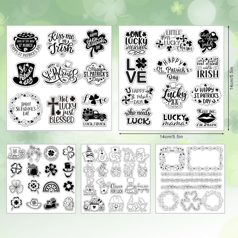 Whaline 5 Sheet St. Patrick's Day Clear Stamps Wreath Shamrock Lucky Words Silicone Transparent Stamps Border Stamp Cards for Irish DIY Crafts Card Making Scrapbooking Embossing Album Decor - Image 2